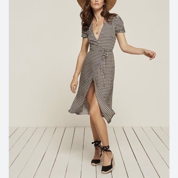 Reformation Addy Midi Wrap Dress Gingham Black White Short Sleeves Size Small - Picture 1 of 16